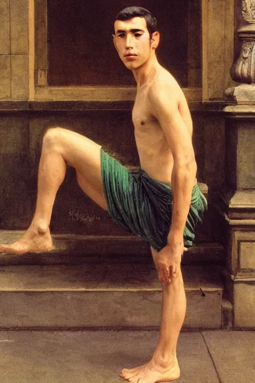 Image similar to Full-length portrait of a handsome!! clean shaven young pregnant male on the streets of Singapore, historically reliable photo chronicle, 1975, ultra detailed digital art, octane render, 4K, by John William Waterhouse and Edwin Longsden Long and Theodore Ralli and Nasreddine Dinet