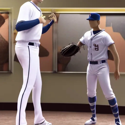 Image similar to a realistic detailed photo of a guy who is an attractive humanoid who is half robot and half humanoid, who is a male android, attractive and handsome baseball players, shiny skin, posing like a statue, blank stare, in a factory, on display, showing off his muscles, wearing baseball uniforms, side view, looking at each other mindlessly