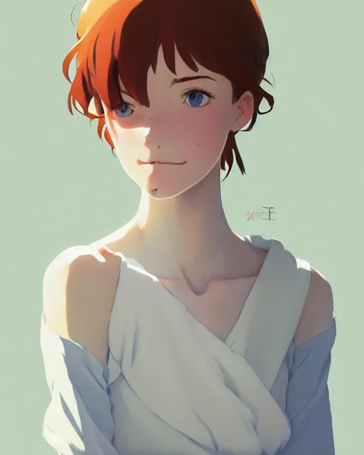 Prompt: young southern woman, freckle, ginger hair, sad cerulean eyes, simple cream dress, detailed perfect face, exquisite details, mid view, design on a white background, by studio muti, greg rutkowski makoto shinkai takashi takeuchi studio ghibli