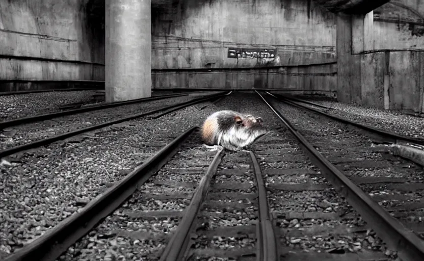 Image similar to giant mutant antropomorphic rat sitting on railways of tonnel of moscow subway. extreme high detail. photo by russos. dark and fear atmosphere.