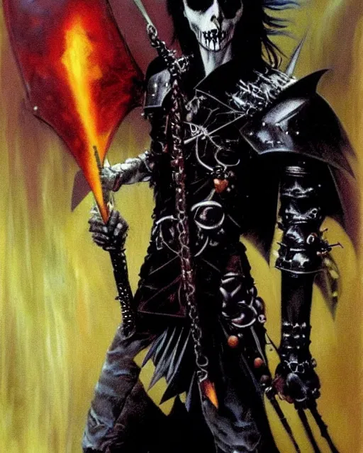 Prompt: portrait of a skinny punk goth wizard wearing armor by simon bisley, john blance, frank frazetta, fantasy, thief warrior explosion