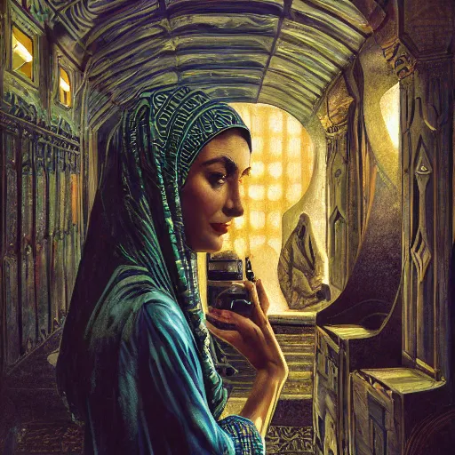 Image similar to detailed face of an arabic woman, opulent courtyard, moment, tectonic sky, skydome, reactor, utopian, tech noir, wet reflections, prism, atmospheric, ambient, pj crook, syd mead, livia prima, artgerm, greg rutkowski, nick alm, casey baugh