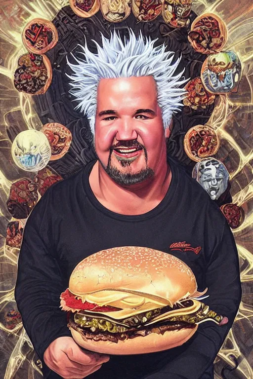 Image similar to centered beautiful detailed front view portrait of guy fieri with ornate burgers growing around, ornamentation, burgers, elegant, beautifully soft lit, by'phil hale '!!'leyendecker '!!! wayne barlowe, peter mohrbacher, kelly mckernan,