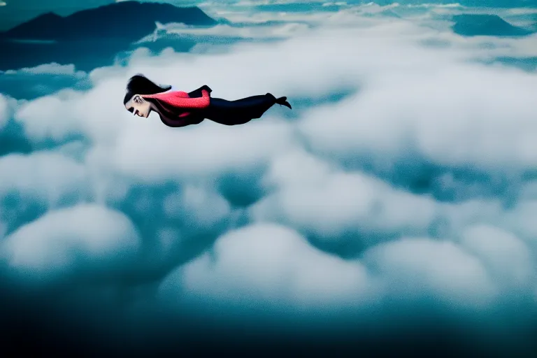 Image similar to photograph of a haute couture model flying through clouds, aerial view. photography by julia hetta, cinematic, elegant, real dlsr photography, sharp focus, 4 k, ultra hd, sense of awe