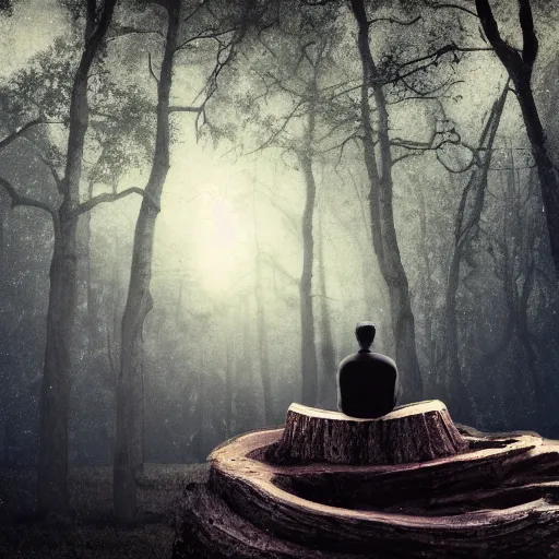 Image similar to man sitting on a tree trunk in a forest crying, moody, dark, night, blue mist, moonlight, surrealist