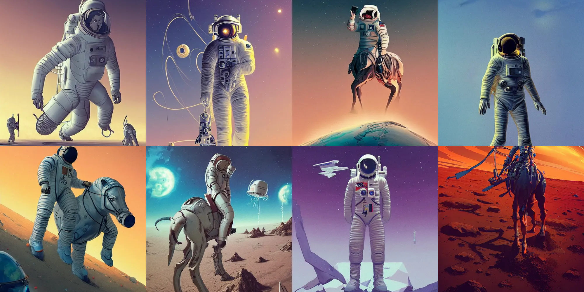 Prompt: astronaut centaur, from western by hiroyuki okiura and katsuhiro otomo and alejandro hodorovski style with many details by mike winkelmann and vincent di fate in sci - fi style