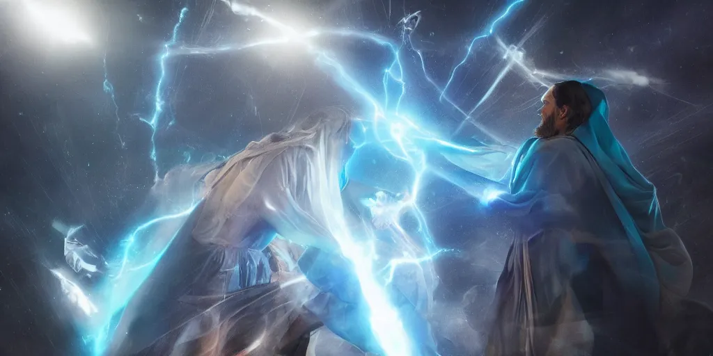 Image similar to Jesus in a robe fighting Dr Manhattan, both as giants in a city, lasers, cinematography, high contrast, hyper realistic, lens flares, concept art, 4k, beautiful