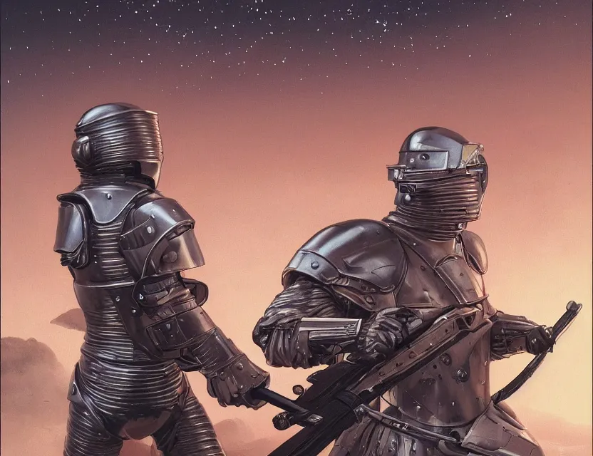 Image similar to a detailed portrait painting of futuristic soldier wearing combat armour and a reflective visor, holding a weapon, spacecraft flies in the distance. cinematic sci-fi poster. Flight suit, cloth and metal, accurate anatomy. Samurai influence, knight influence. fencing armour. portrait symmetrical and science fiction theme with lightning, aurora lighting. clouds and stars. Futurism by moebius beksinski carl spitzweg moebius and tuomas korpi. baroque elements. baroque element. intricate artwork by caravaggio. Oil painting. Trending on artstation. 8k