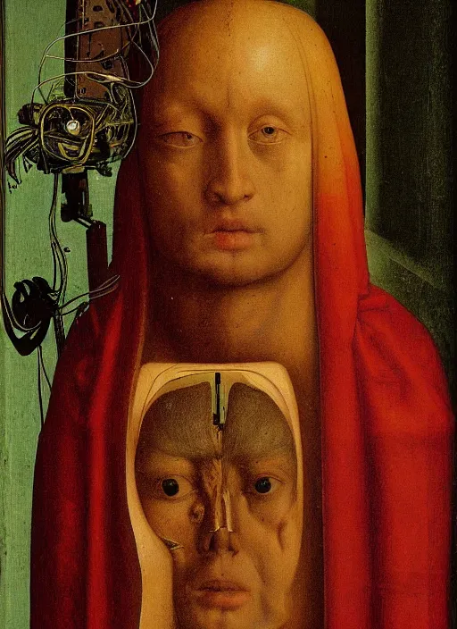 Prompt: a portrait of a person jacked into a brain-machine interface by Jan van Eyck