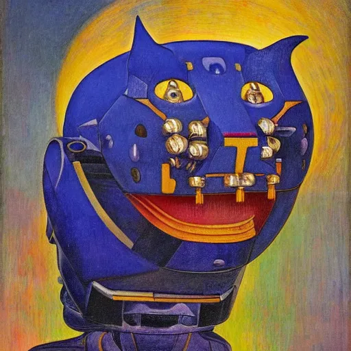 Image similar to masterpiece painting of a bejeweled mechanical robot cat head, by annie swynnerton and diego rivera and nicholas roerich and jean delville, symbolist, dramatic lighting, god rays, elaborate geometric ornament, art brut, rich colors, smooth, sharp focus, extremely detailed, adolf wolfli and ( donato giancola )