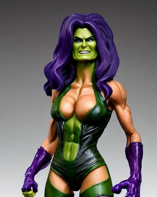 Image similar to cu of a maquette sculpture of angie harmon as the sensational she hulk, she is wearing a silk lace white top and a purple skirt, she is tall, very fit and extremely muscular, she has green skin all over her body, long black shiny hair, hyperreal, highly detailed, in the style of sideshow collectibles, the hulk, marvel, soft focus, bokeh
