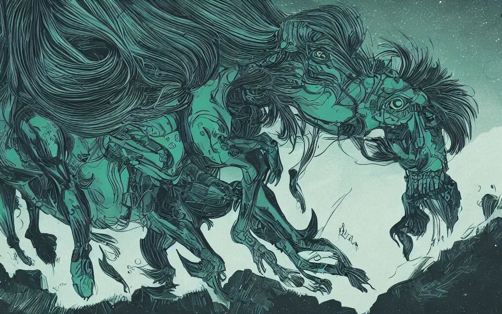 Image similar to very detailed, prophet graphic novel, ilya kuvshinov, mcbess, rutkowski, simon roy, illustration of an abyssal green alien horse, wide shot, colorful, deep shadows, astrophotography, award winning