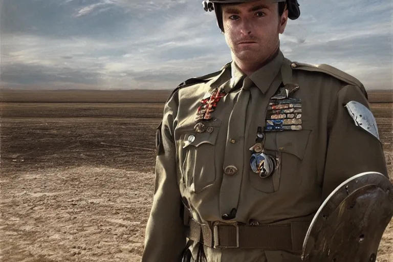 Image similar to sergeant dornan is standing in the desert near a closed hangar, a small ripple in the air from the heat, glare from the sun on metal surfaces, realistic proportions, anime style ghost in armor