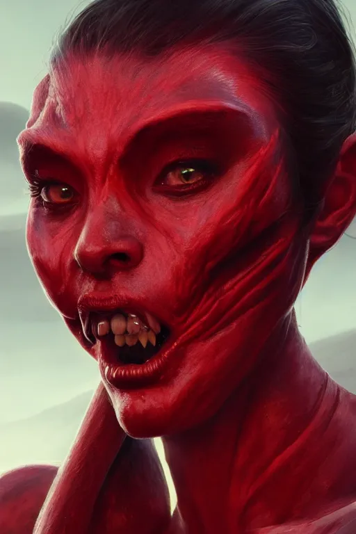 Prompt: a fancy portrait of an attractive alien women with red skin by Greg Rutkowski, Sung Choi, Mitchell Mohrhauser, Maciej Kuciara, Johnson Ting, Maxim Verehin, Peter Konig, final fantasy , 8k photorealistic, cinematic lighting, HD, high details, atmospheric , trending on artstation