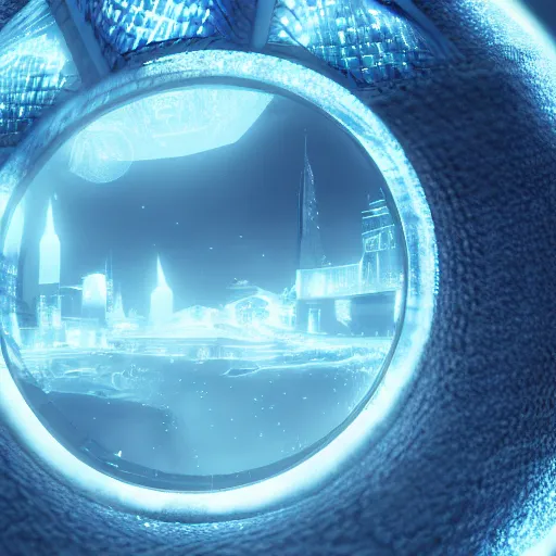 Image similar to a fantasy ring, blue glow, realistic reflections, intricate details, cinematic lighting, depth of field, octane render