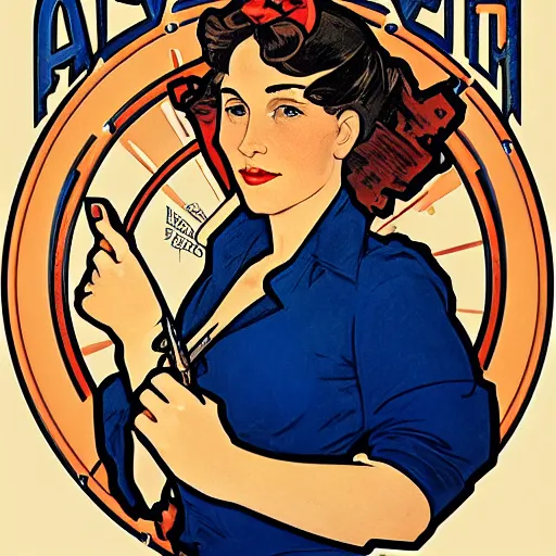 Image similar to a portrait of Rosie the riveter by Alphonse Mucha, art nouveau card, concept art, wlop, trending on artstation, 8k