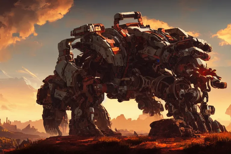 Image similar to rockbreaker machine mecanical creature robot of horizon forbidden west horizon zero dawn radiating a glowing aura global illumination ray tracing hdr fanart arstation by ian pesty and alena aenami artworks in 4 k