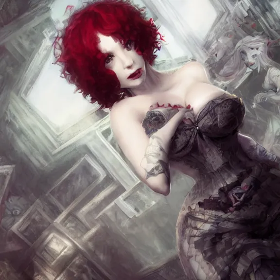 Image similar to christina hendricks!!!!! goth!!!!!, tankoban, 4 k, tone mapping, akihiko yoshida, james jean andrei riabovitchev marc simonetti, yoshitaka amano, long hair, curly, h. hydrochaeri