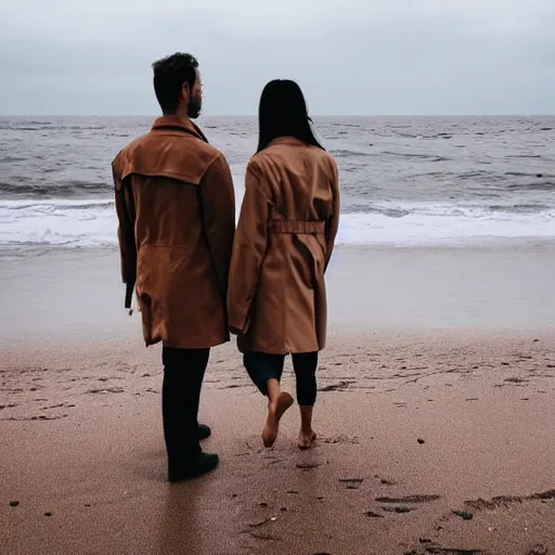 Prompt: zoom in photo of a man and woman, both wearing light brown trenchcoats, dancing together on a beach during cloudy weather, it is a little dark outside