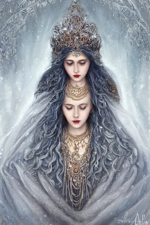 Image similar to portrait of a beautiful stunning peaceful majestic ice queen wearing intricate jewelry, oil on canvas, baroque style, perfect symmetrical face, mood lighting, ornate and elegant, winter, philosophical, painterly, 🌚, digital art, detailed, trending on artstation
