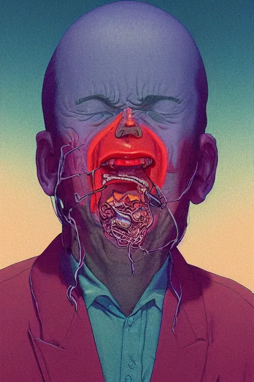 Image similar to a closeup portrait of a kind man licking a tab of LSD acid on his tongue and dreaming psychedelic hallucinations, by kawase hasui, moebius, Edward Hopper and James Gilleard, Zdzislaw Beksinski, Steven Outram colorful flat surreal design, hd, 8k, artstation