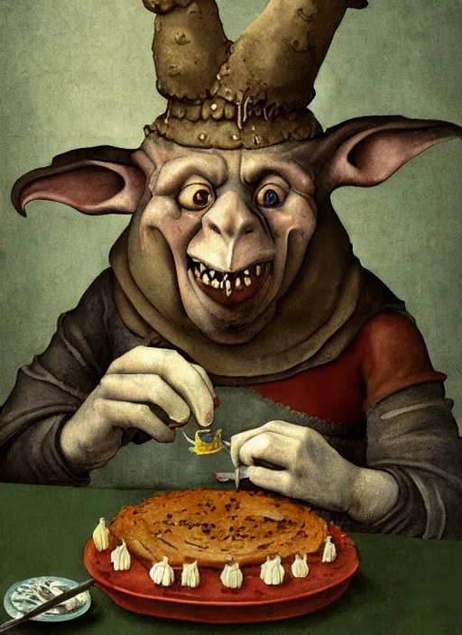 Image similar to medieval goblin eating cakes painted by hieronymus bosch, detailed digital art, trending on Artstation