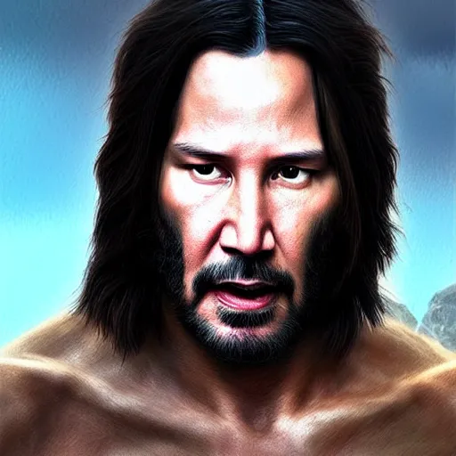 Image similar to keanu reeves as a cave man , digital art , hyperdetailed , trending on artstation , matte painting , CGSociety , pinterest