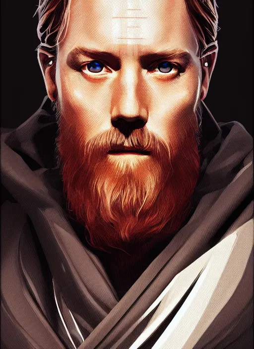 Prompt: a portrait of obi - wan kenobi as a jesus, cyberpunk, grim - lighting, high - contrast, intricate, elegant, highly detailed, digital painting, artstation, concept art, smooth, sharp focus, illustration
