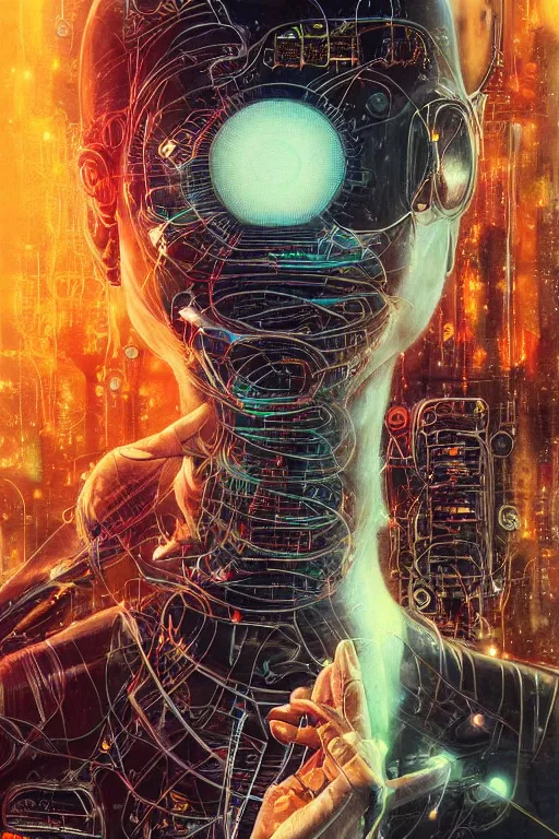 Image similar to portrait of computer & circuits, melting, nasa, 8 k, by tristan eaton, stanley artgermm, tom bagshaw, greg rutkowski, carne griffiths, ayami kojima, beksinski, giger, trending on deviantart, face enhance, hyper detailed, minimalist, cybernetic, android, blade runner, full of colour, super detailed