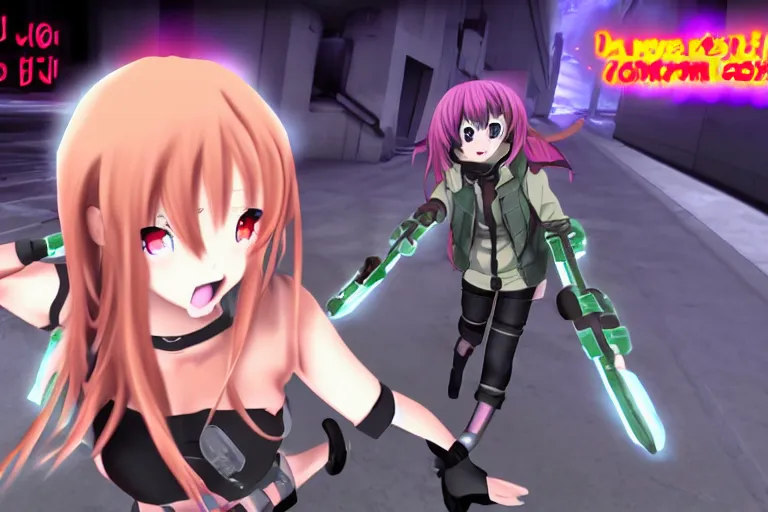 Image similar to an anime girl in a screenshot of the video game doom!!!!!!!, the anime girl is running