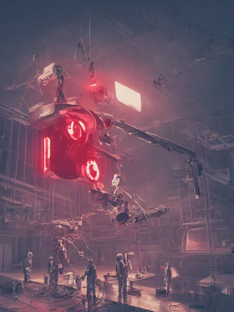 Image similar to graphic art of dystopian futuristic 1 0 mechanic surgeons in space suits, operate on a huge mouse head held by a crane. ominous glowing red netflix sign in the background, trending on art station, beeple