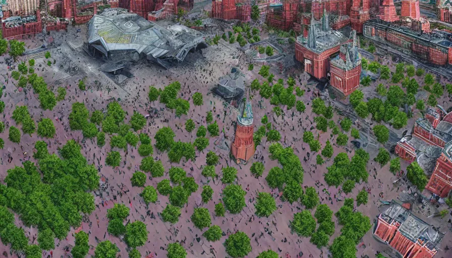 Prompt: Moscow's Red Square destroyed, abandoned and overgrown with plants, filled with mutant monsters, low angle view, hyperdetailed, artstation, 8k