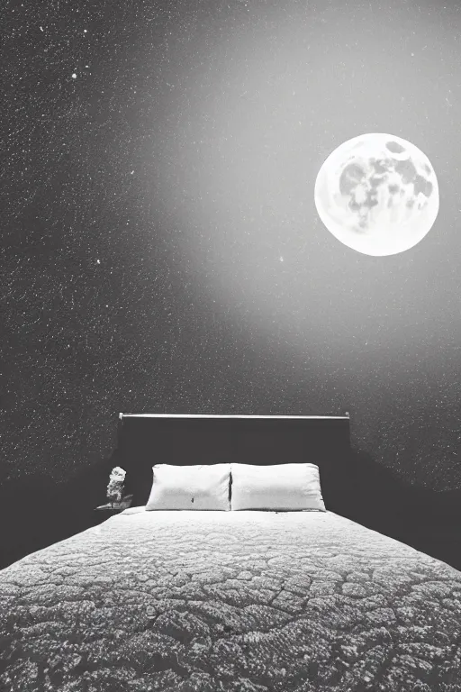 Prompt: a bed in the middle of the moon, wide angle