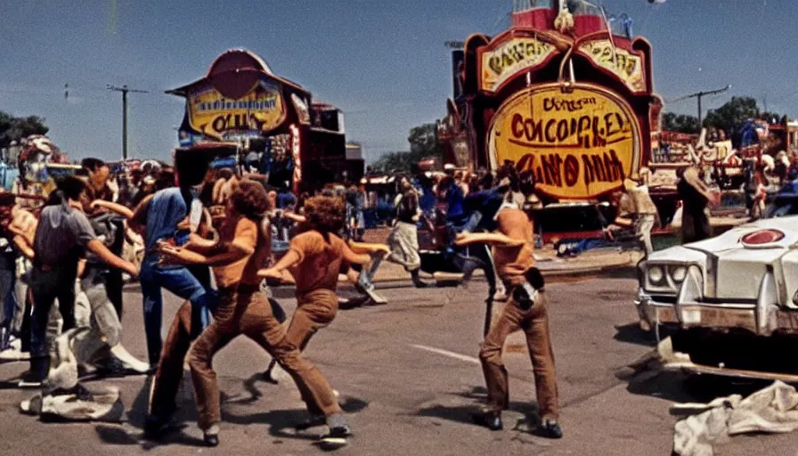 Image similar to 1975 color! movie about cops and police cars raiding a carnival.