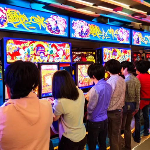 Prompt: a bunch of people at a japanese arcade