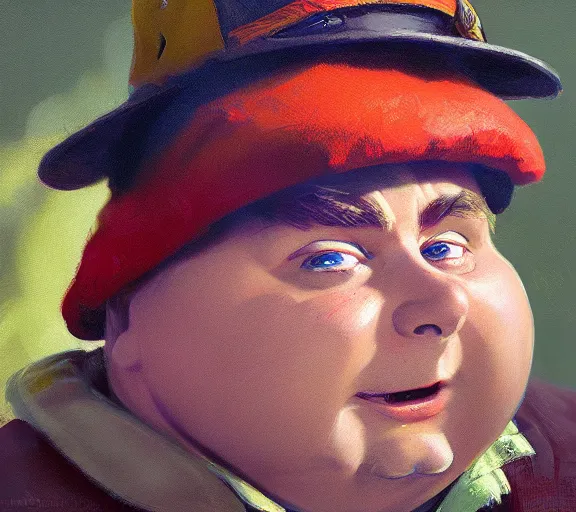 Image similar to a hyper-detailed portrait of Eric Cartman by Craig Mullins; oil on canvas; trending on artstation; 90mm; f/1.4