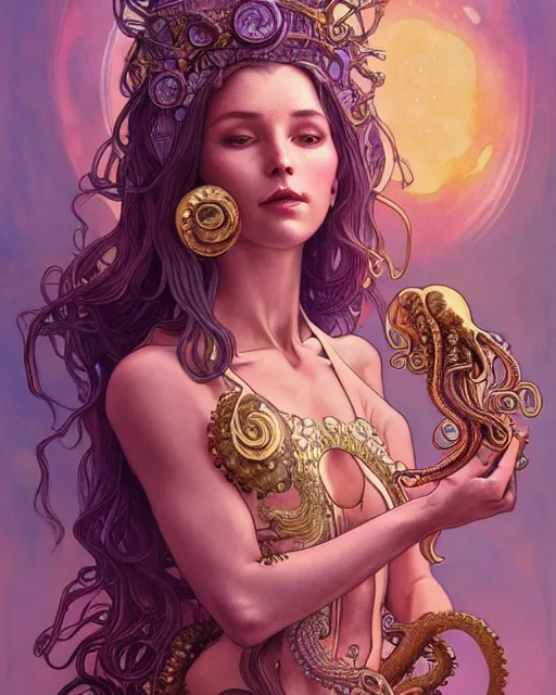 Image similar to alien goddess with body of octopus dreamy vision, highly detailed, gold filigree, romantic storybook fantasy, award, watercolor illustration by mandy jurgens and alphonse mucha and alena aenami, pastel color palette, featured on artstation