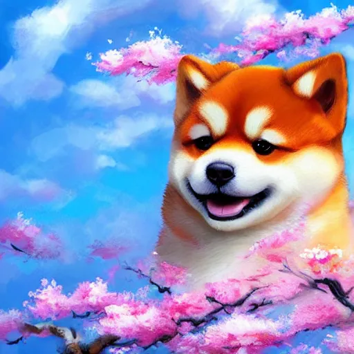 Prompt: hyper realistic cute fluffy shiba inu plays under the cherry blossom tree, highly detailed, digital painting, artstation, concept art, movie still, smooth, sharp focus uhd 8 k