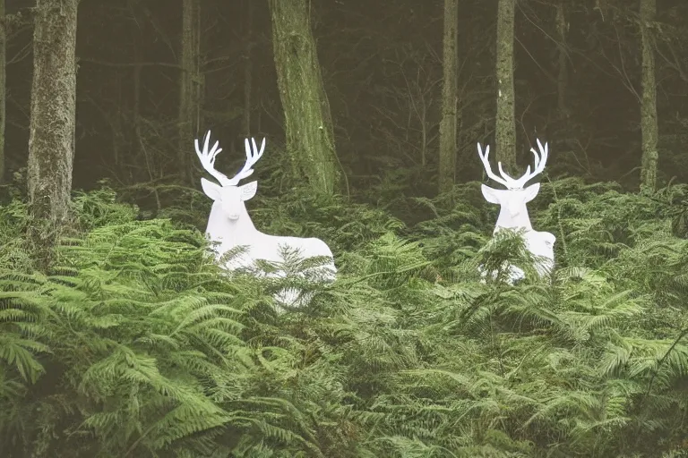 Image similar to a glowing white stag standing in ferns in the middle of the forest, at night