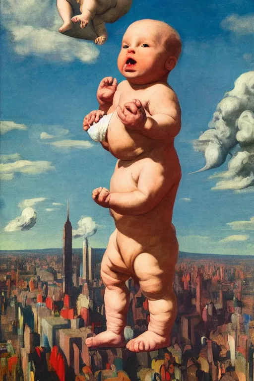 Image similar to evil human giant baby in a diaper, grows up to the sky, against the backdrop of destroyed high - rise building, hauntingly surreal, highly detailed painting by francis bacon, edward hopper, adrian ghenie, gerhard richter, and james jean soft light 4 k,