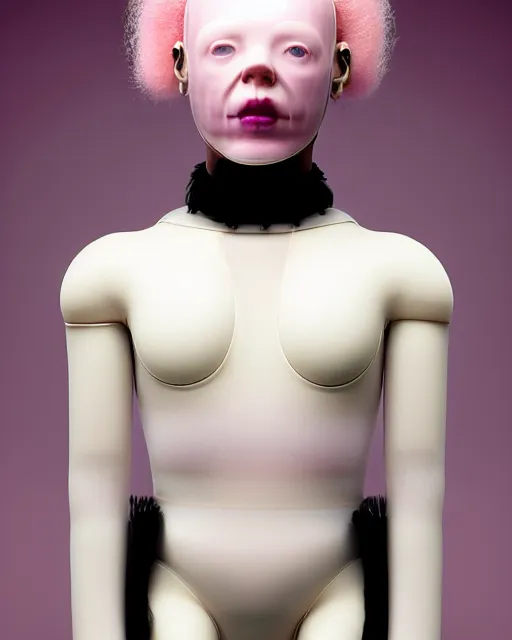Image similar to symmetrical portrait of a woman wearing a embroidered translucent silicone mask and pink hair buns, wearing a black bodysuit by alexander mcqueen, cream white background, soft diffused light, biotechnology, humanoide robot, bjork aesthetic, translucent, by rineke dijkstra, intricate details, highly detailed, masterpiece,