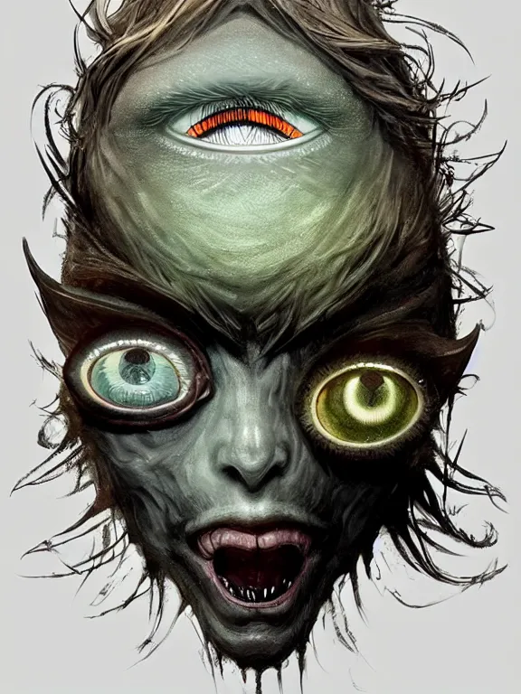 Image similar to 👁 one-eyed fantasy Cyclopes concept art with one huge eye in the center of the forehead and with smooth skin in place of the nose. Without the nose. High details, realistic, octane render, fantasy art, solo, masterpiece, portrait painting, saturated colors, art by Arthur Rackham, Muzinabu