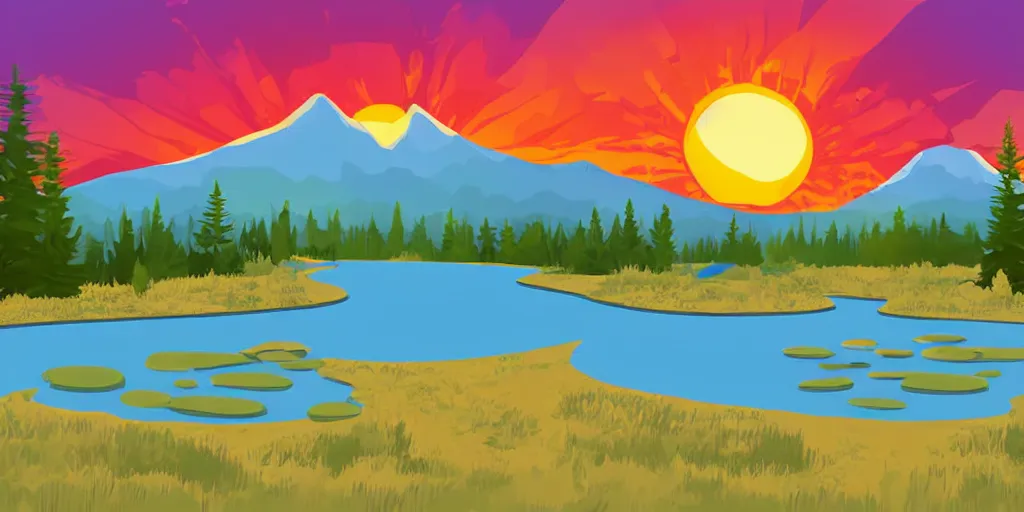 Prompt: illustration of a big and beautiful mountain with a clear pond in front of it and an orange sun behind the mountain, vector art