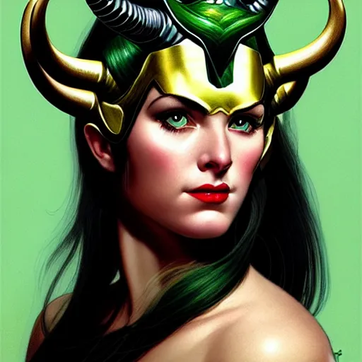 Prompt: head and shoulders portrait of a female Loki with horned helmet, illustration, medium shot, intricate, elegant, highly detailed, digital art, ffffound, art by gil elvgren and sachin teng