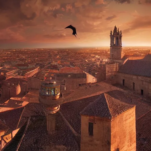 Prompt: the monumental city of caceres with a dragon flying over it, dramatic lighting, cinematic, extremly high detail, photorealistic, cinematic lighting, post processed, concept art, artstation, matte painting, style by greg rutkowsky - 1 0 2 4