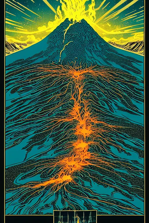 Prompt: artwork of an exploding volcano by dan mumford and toshi yoshida and peter doig, symmetrical, vintage scifi, highly detailed, dramatic lightning,, 8 k