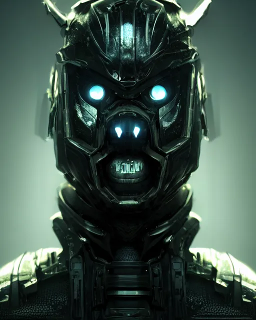 Image similar to a dark sci fi horror quarter - length portrait of a shadow demon wearing futuristic sci fi armor made of metal plates, cinematic lighting, smooth, high detail, dark fantasy, sci fi horror, smooth, intricate, unreal engine, octane render, by vitaly bulgarov artstation, golden rule, sense of action, fog volumes, vivid color glow, post processing, cgsociety