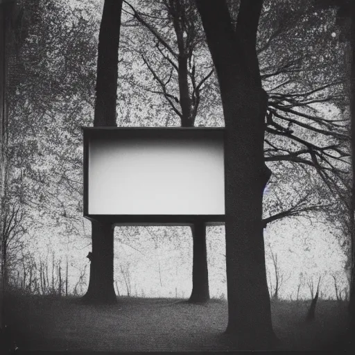 Prompt: minimalistic house in the wood, big moon, artwork by Rene Magritte, night, pinhole analogue photo quality, monochrome, blur, unfocus, cinematic, 35mm