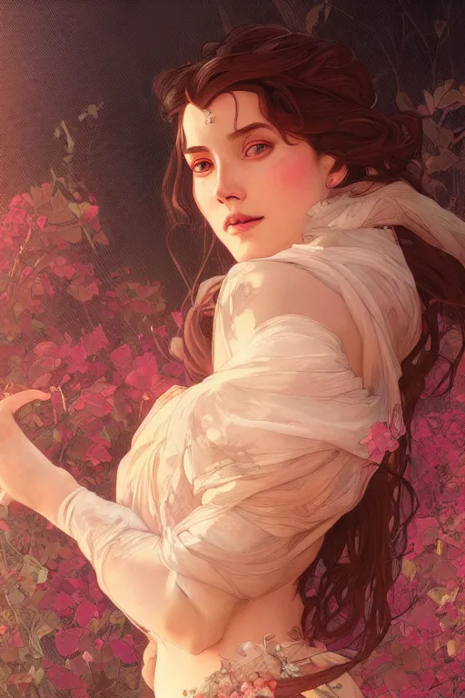 Image similar to close up portrait of goddes of rose, digital illustration, dramatic lighting, by artgerm and greg rutkowski and alphonse mucha