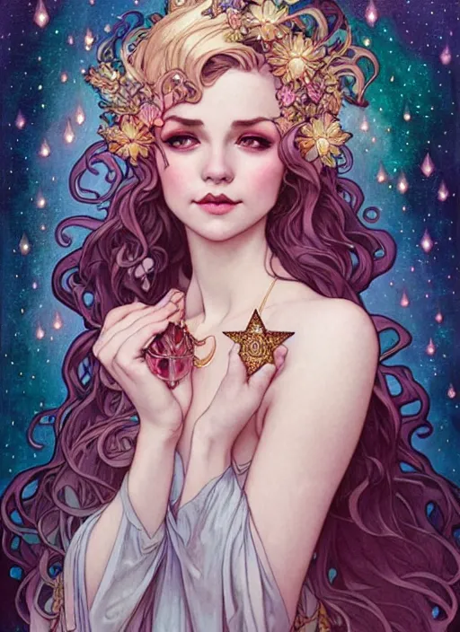 Image similar to fantastic portrait of a beautiftul witch with some shinny star, royally decorated crystal gemstones, symmetrical face, art nouveau, portrait, cute, fairy, by artgerm, kelly mckernan, charlie bowater, alphonse mucha, detailed background, artstation, intricate, elegant, highly detailed